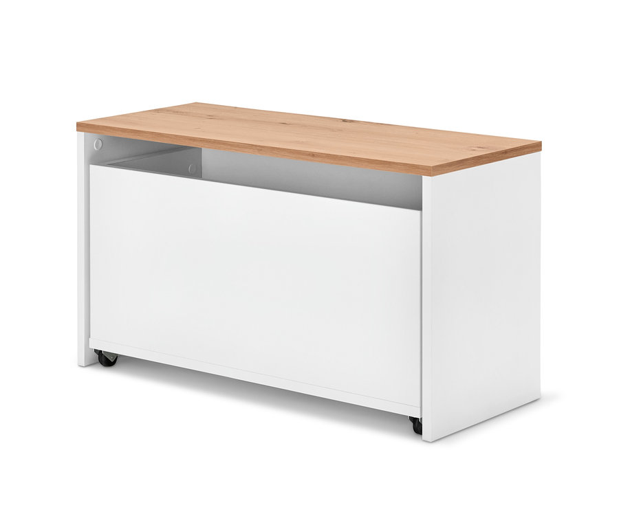 Banc avec caisse de rangement avec un dessus en bois et un espace de rangement blanc.