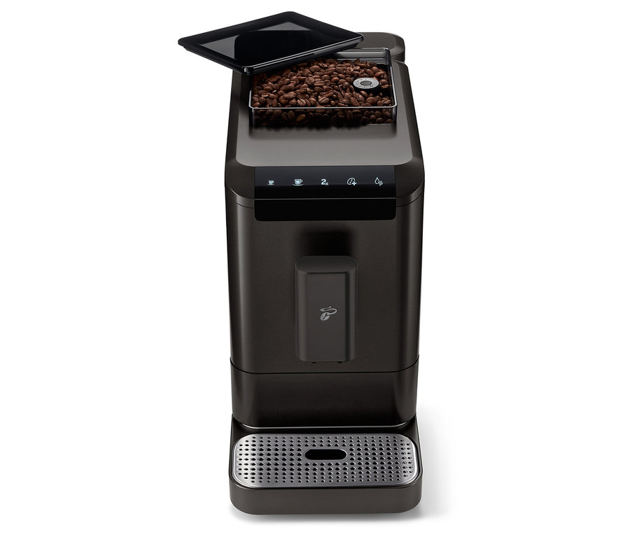 Vue de face de la machine à café entièrement automatique « Esperto2 Caffè » en Granite Black avec un récipient à grains ouvert.