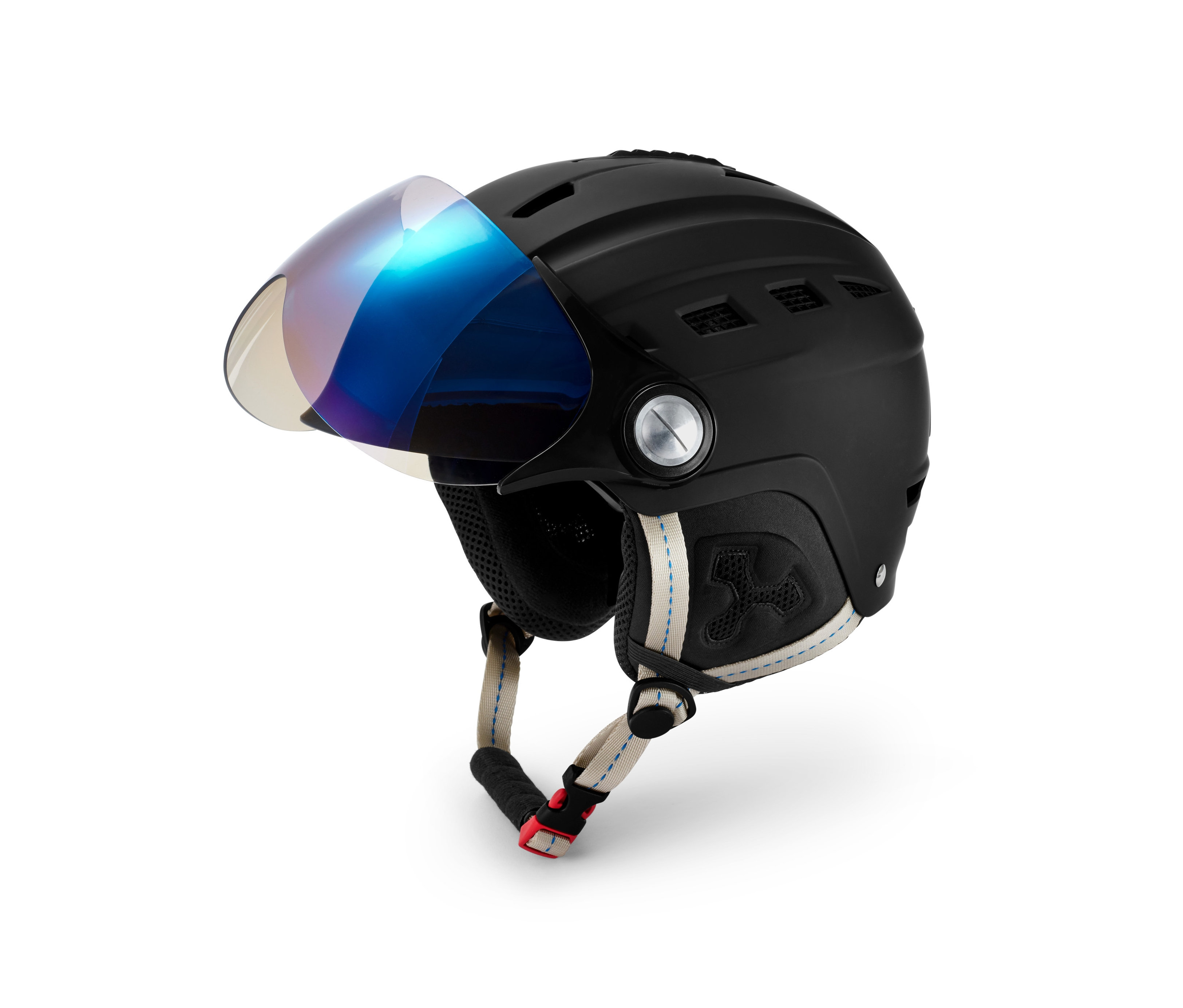 Casque de ski et de snowboard à coque rigide noir avec visière.