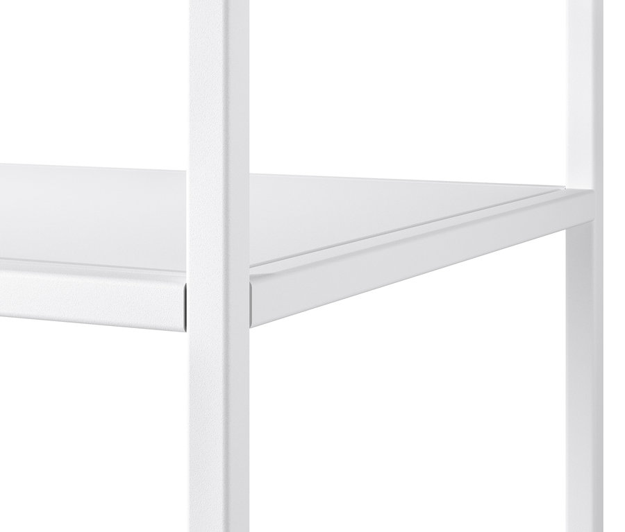 Détail d'une console métallique blanche.