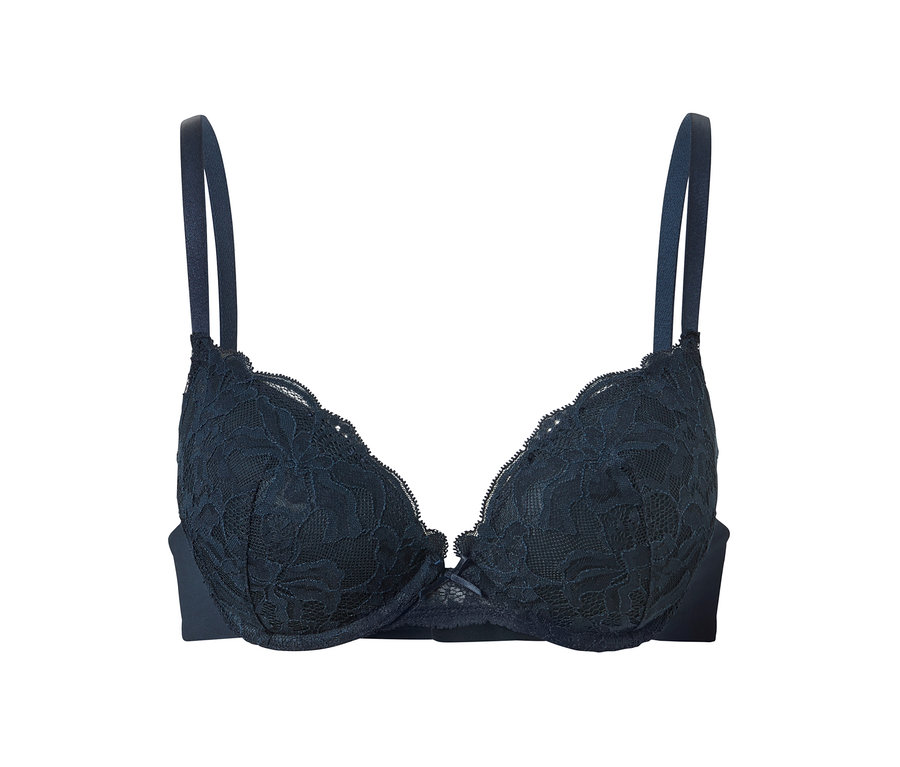 Soutien-gorge push-up bleu marine avec de la dentelle.