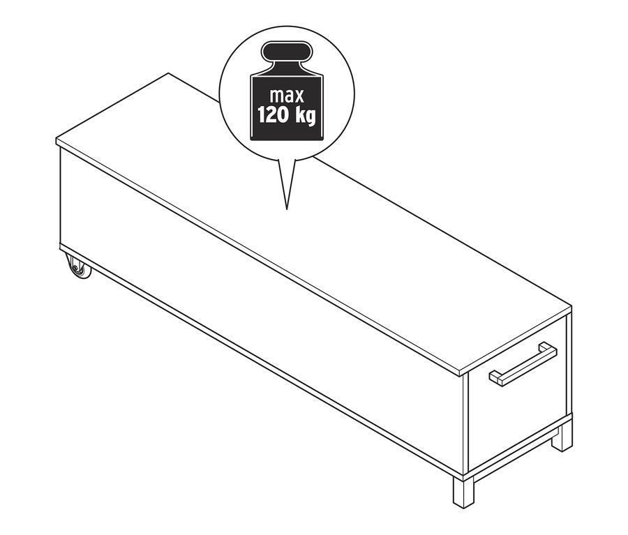 Schéma d'un banc de lit blanc avec fonction coffre et roulettes. Une bulle au-dessus du banc indique « max. 120 kg ».
