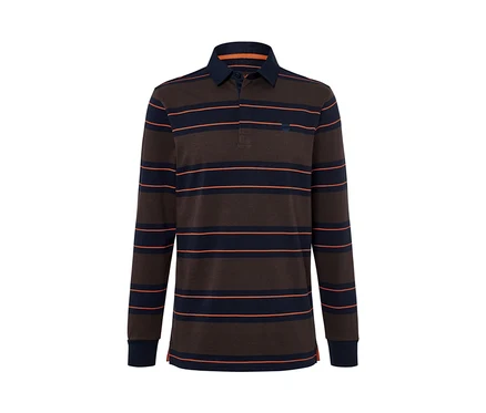 Un polo à manches longues marron et bleu marine rayé.