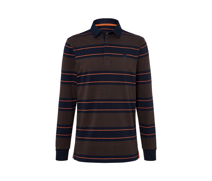 Un polo à manches longues marron et bleu marine rayé.