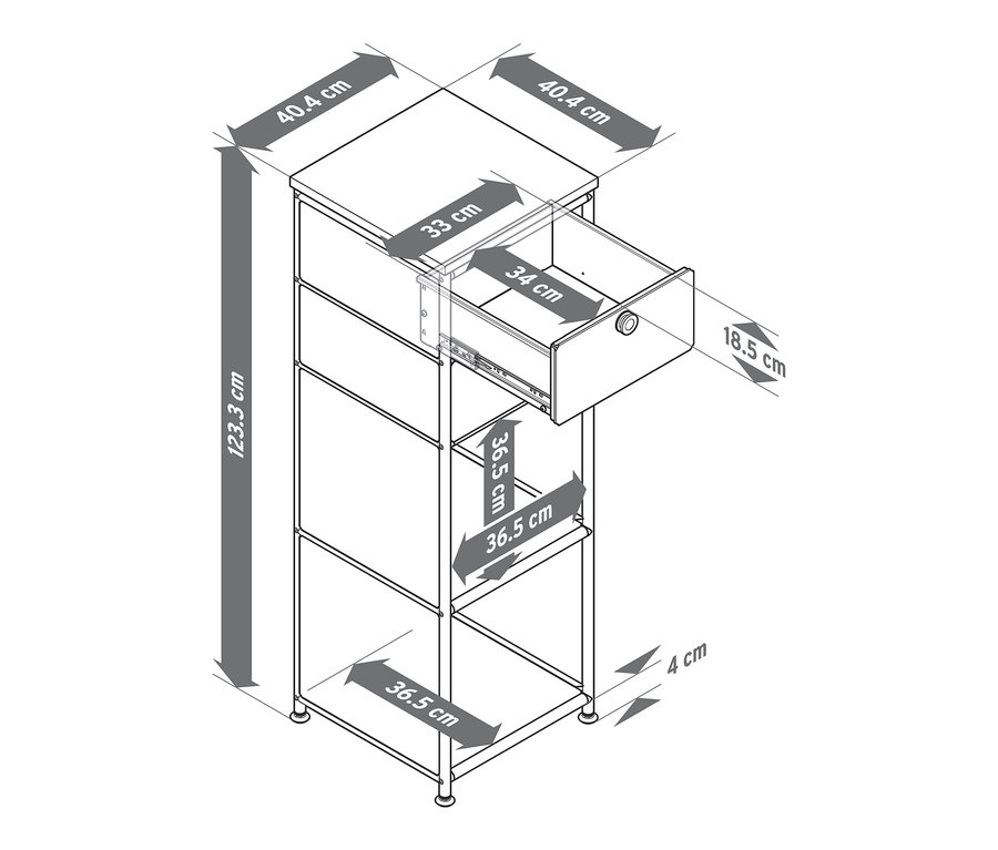 Schéma d'une commode étroite en métal blanc « CN3 » avec plateau en bois et 2 tiroirs, dont un tiroir est ouvert.