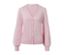 Cardigan en maille fine rose avec des boutons et des manches longues.