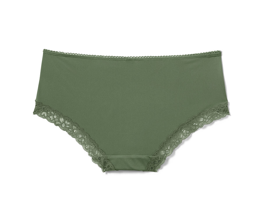 Une culotte vert olive avec de la dentelle.