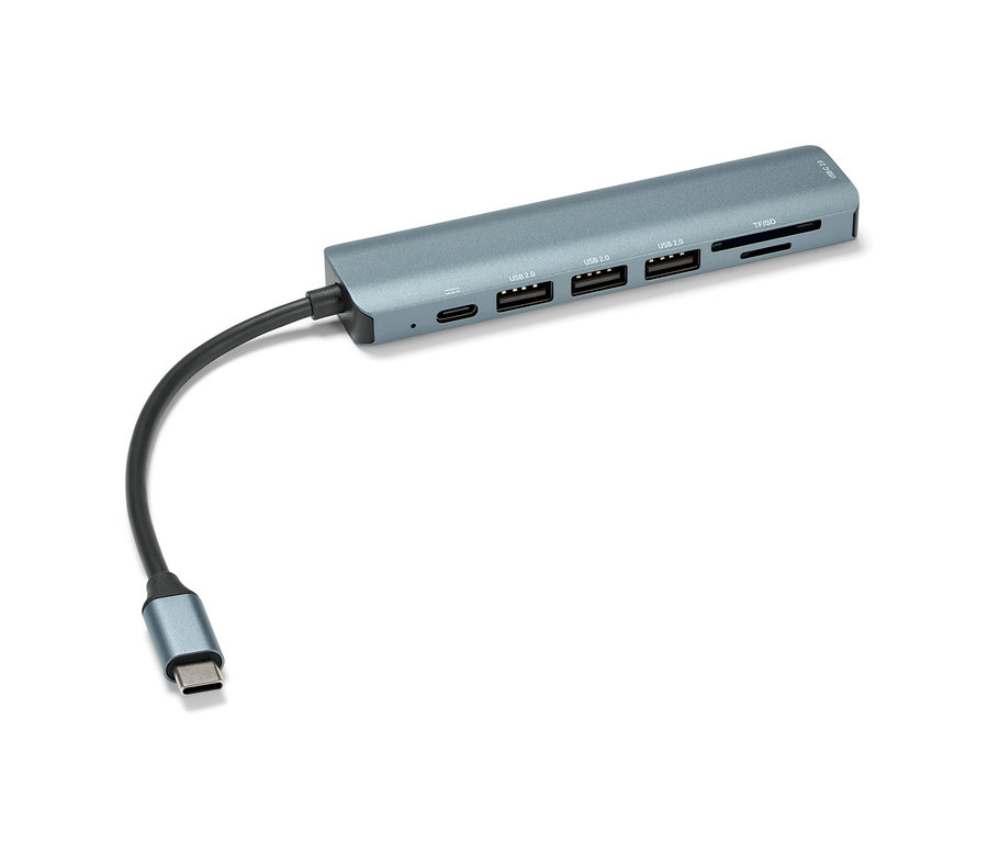 Un hub USB gris avec un câble branché.