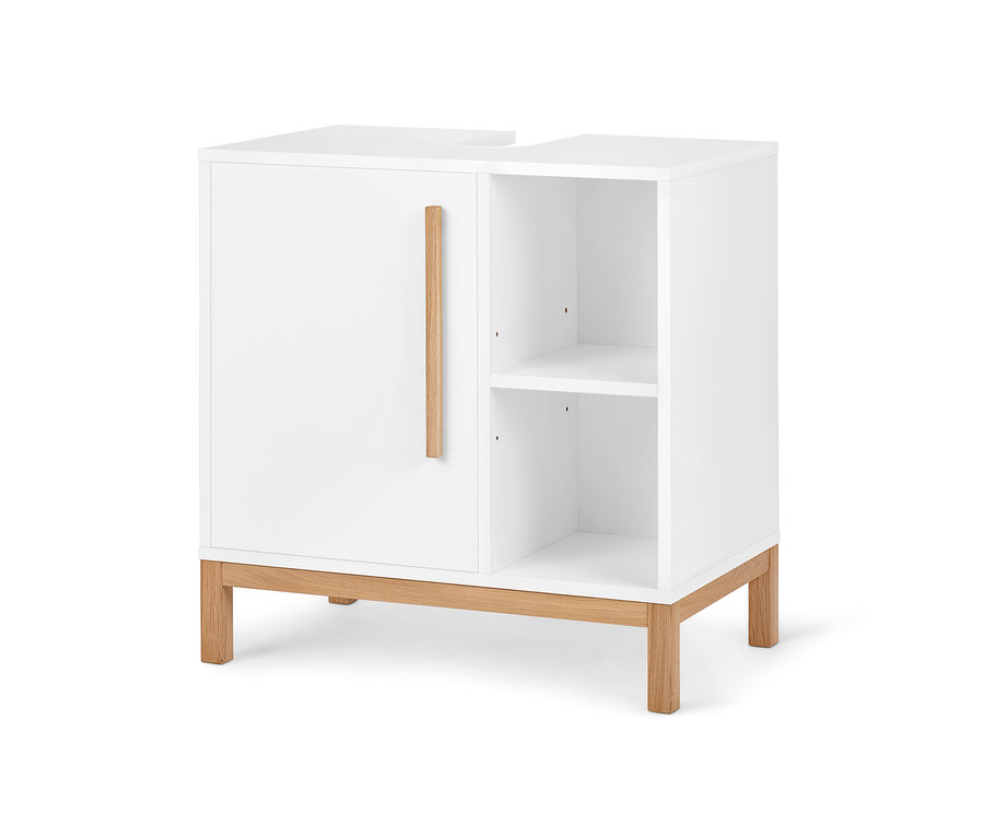 Meuble sous-vasque blanc »Eklund« avec porte, compartiment latéral et poignée et base en bois.