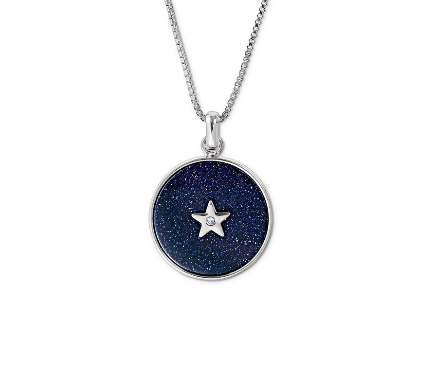 Chaîne Ciel étoilé avec un pendentif rond bleu foncé et une étoile argentée au centre.