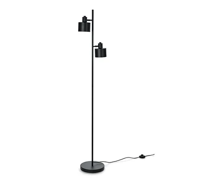 Lampadaire noir avec deux abat-jour.