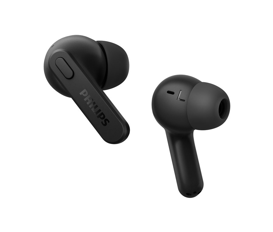 Deux écouteurs intra-auriculaires Philips TWS « TAT2206 » noirs.