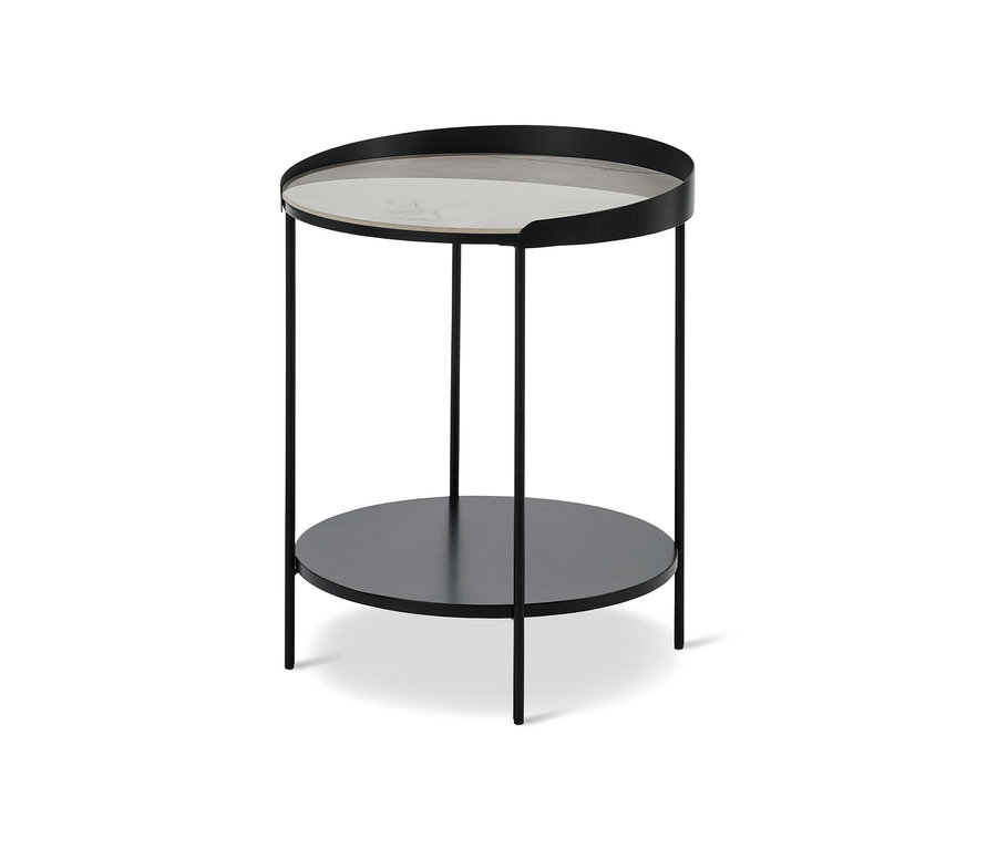 Table basse avec plateau en céramique aspect marbre.