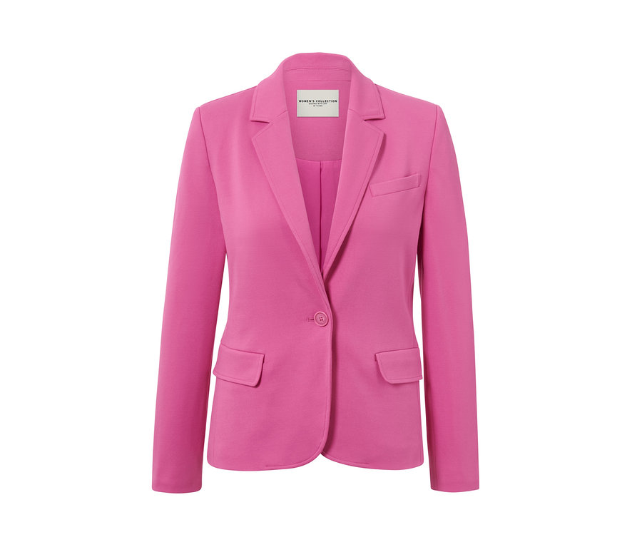 Blazer en jersey rose avec revers et un bouton.