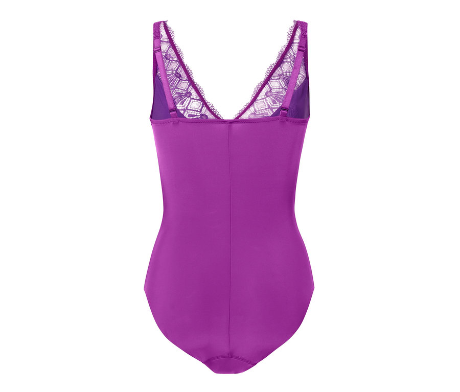 Vue détaillée d'un body en dentelle violet.