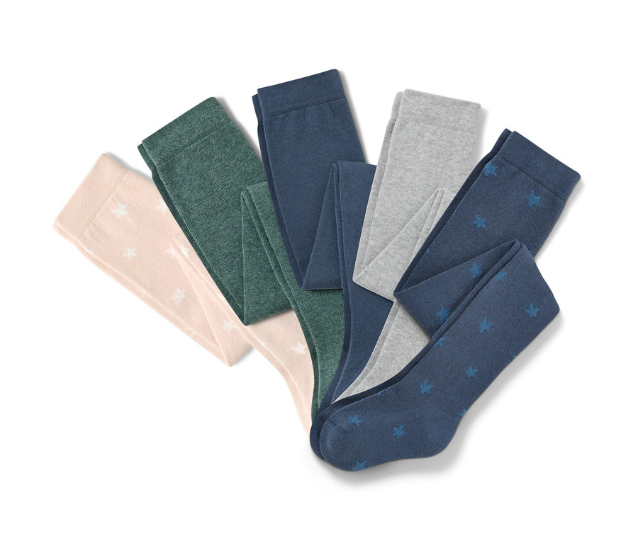 Cinq collants en coton avec des étoiles en rose, vert, bleu marine et gris.
