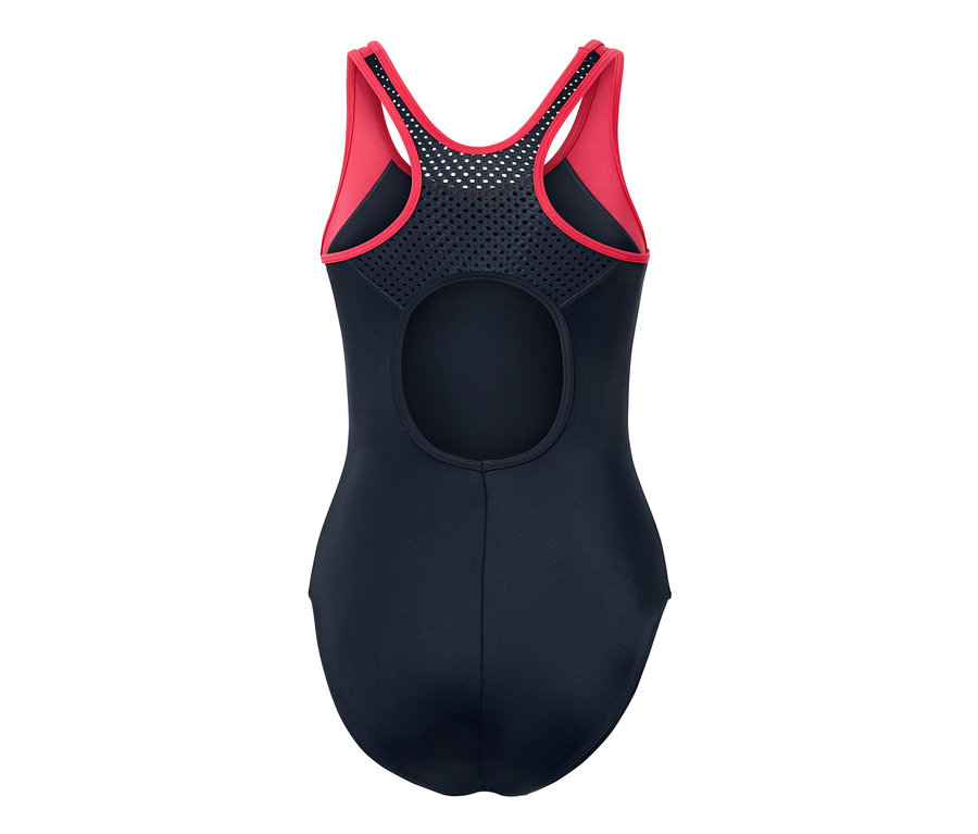 Vue détaillée de dos d'un maillot de bain de sport bleu.