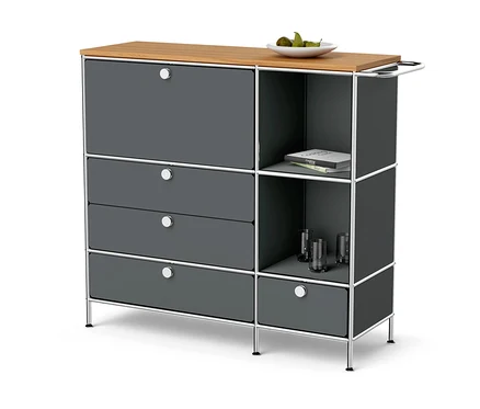 Meuble en métal gris « CN3 » avec plateau en bois, un abattant et quatre tiroirs.