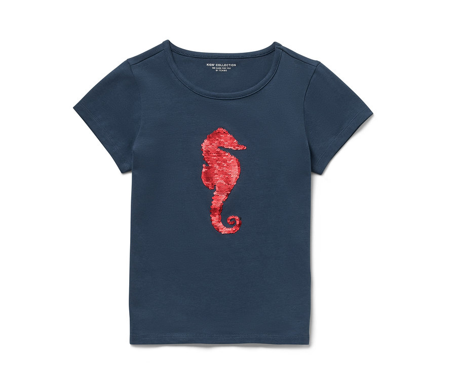 T-shirt bleu marine pour enfant avec application rouge en forme d'hippocampe.