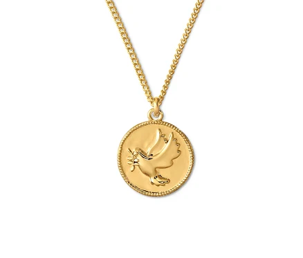 Chaîne dorée Colombe avec un pendentif rond représentant une colombe.