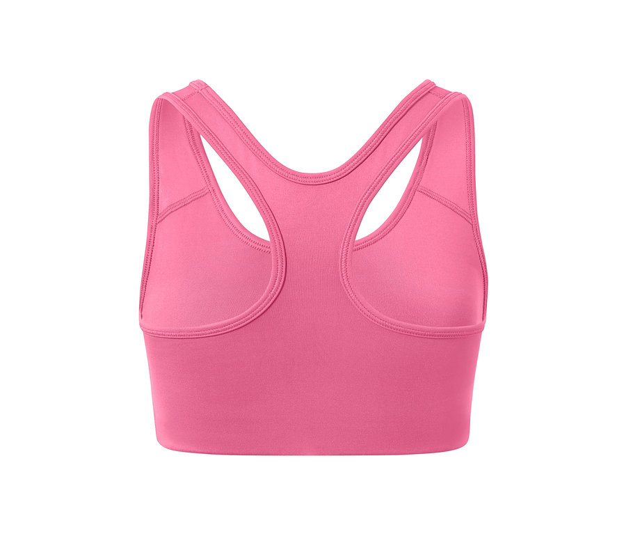 Détail du dos d'une brassière de sport rose d'un ensemble de 2.
