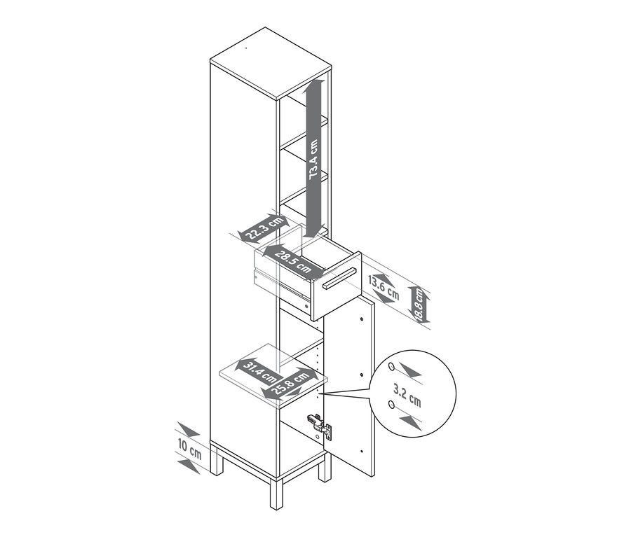 Schéma d'une armoire de salle de bain haute »Eklund« avec compartiment ouvert, tiroir et porte, étroite.
