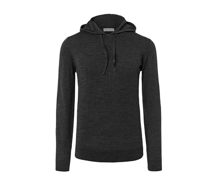 Pull à capuche en maille fine gris.