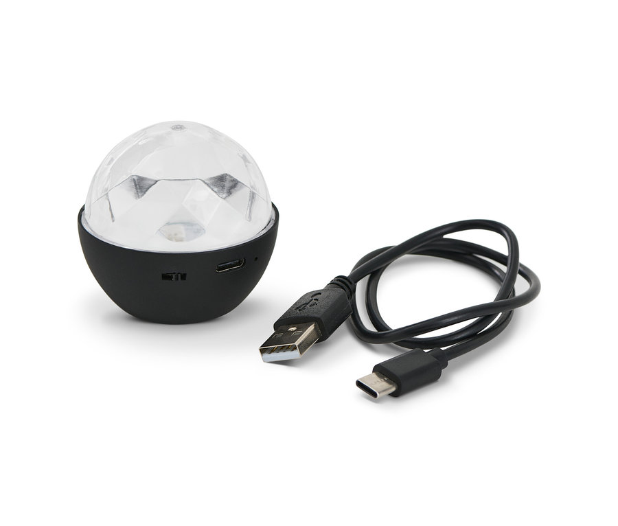 Mini-boule disco avec base noire et câble USB.