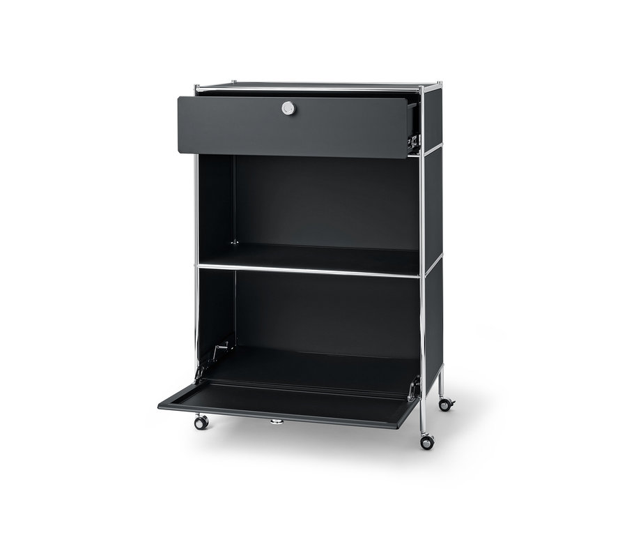 Commode métallique noire « CN3 » avec un tiroir ouvert et un compartiment à abattant.