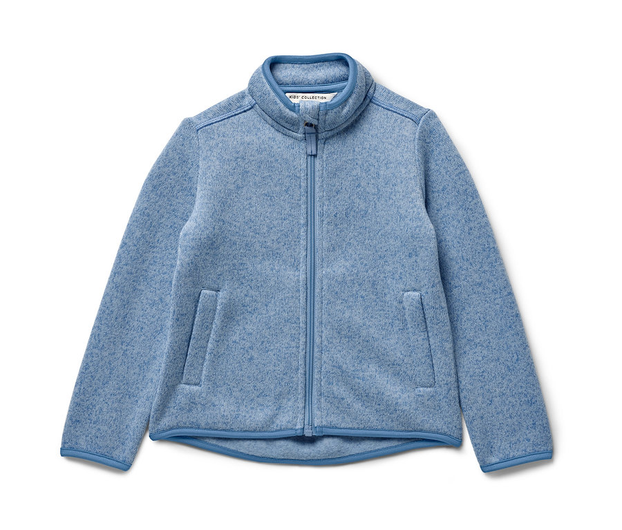 Veste en maille polaire bleue pour enfant avec fermeture éclair et poches.