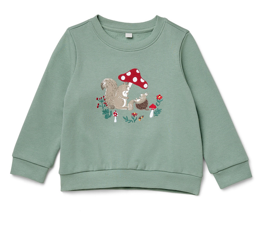 Sweat-shirt vert avec motif d'écureuil et de hérisson sous un champignon.