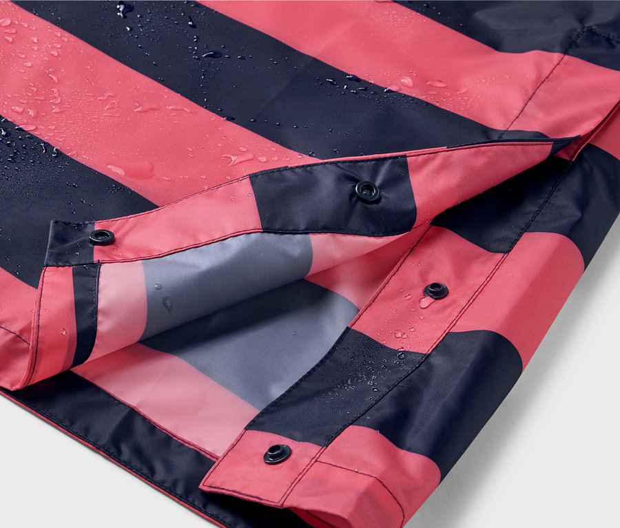 Gros plan sur un poncho de pluie rose et noir avec des boutons-pression.