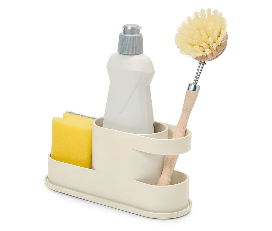 Rangement avec éponge, flacon de liquide vaisselle et brosse.