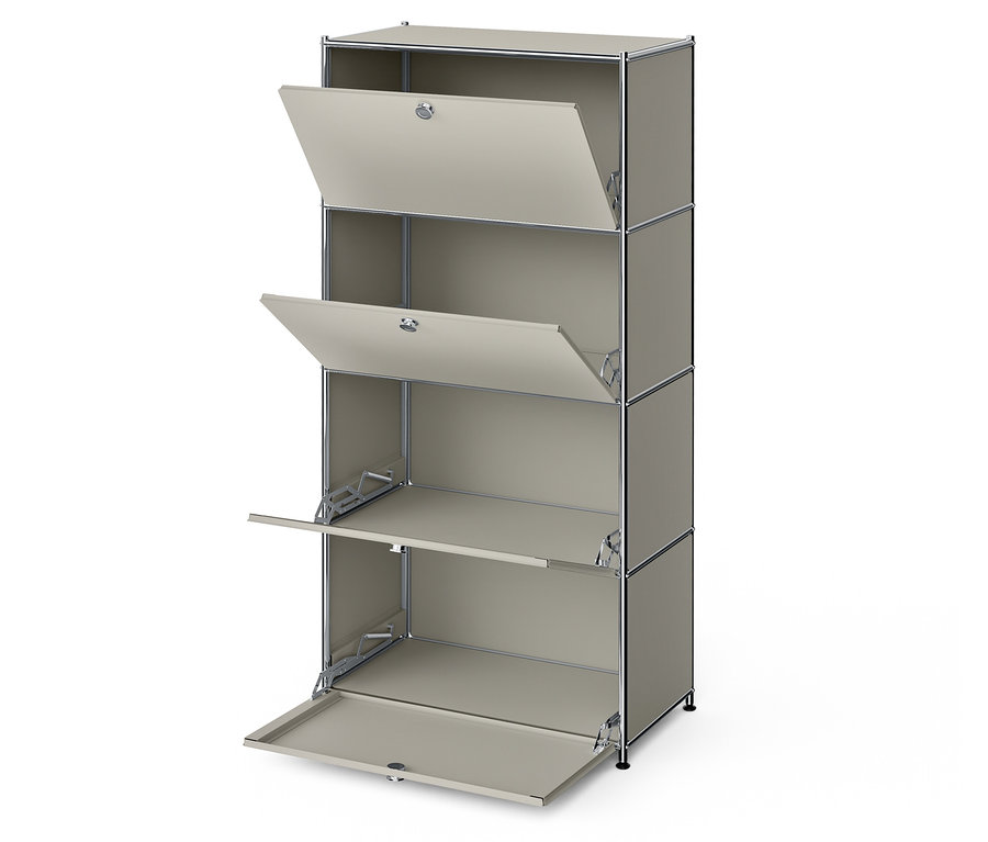 Étagère modulaire grise à quatre niveaux avec les deux portes supérieures ouvertes.