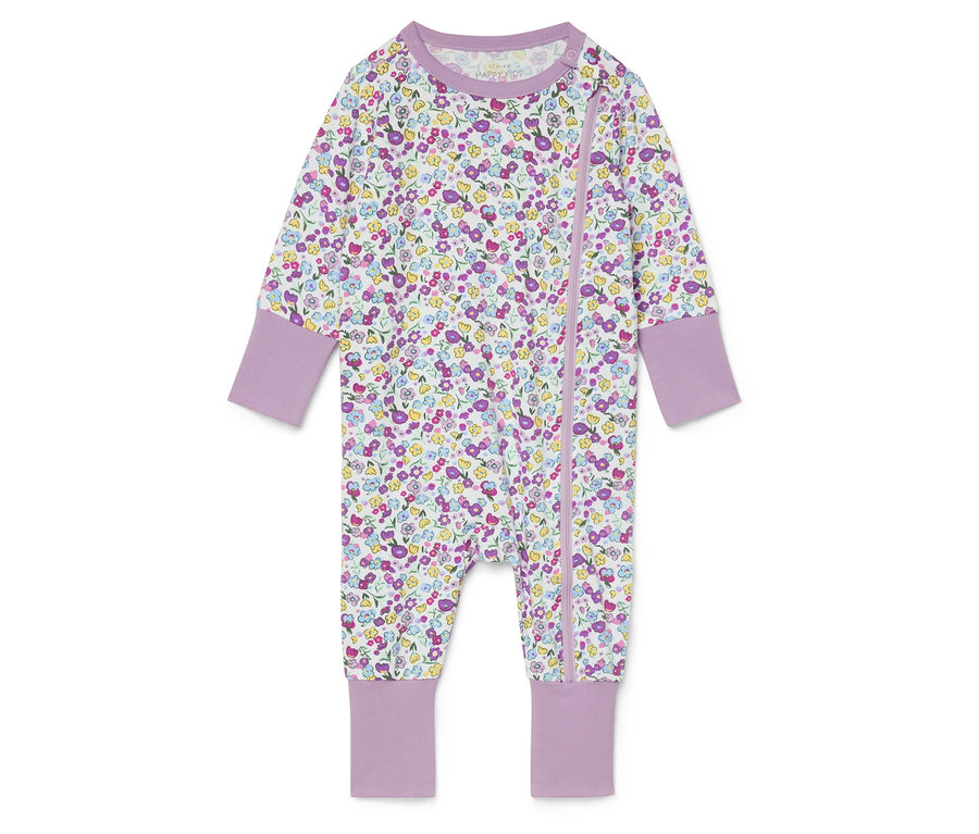 Combinaison pour bébé à motifs floraux avec bordures violettes.