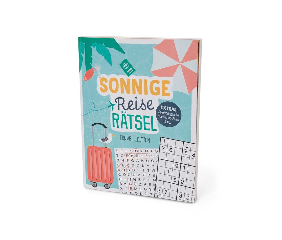 Une couverture de livre de puzzles sur le thème du voyage, avec une valise, un motif de plage et les mots 'Sonnige Reise Rätsel'.