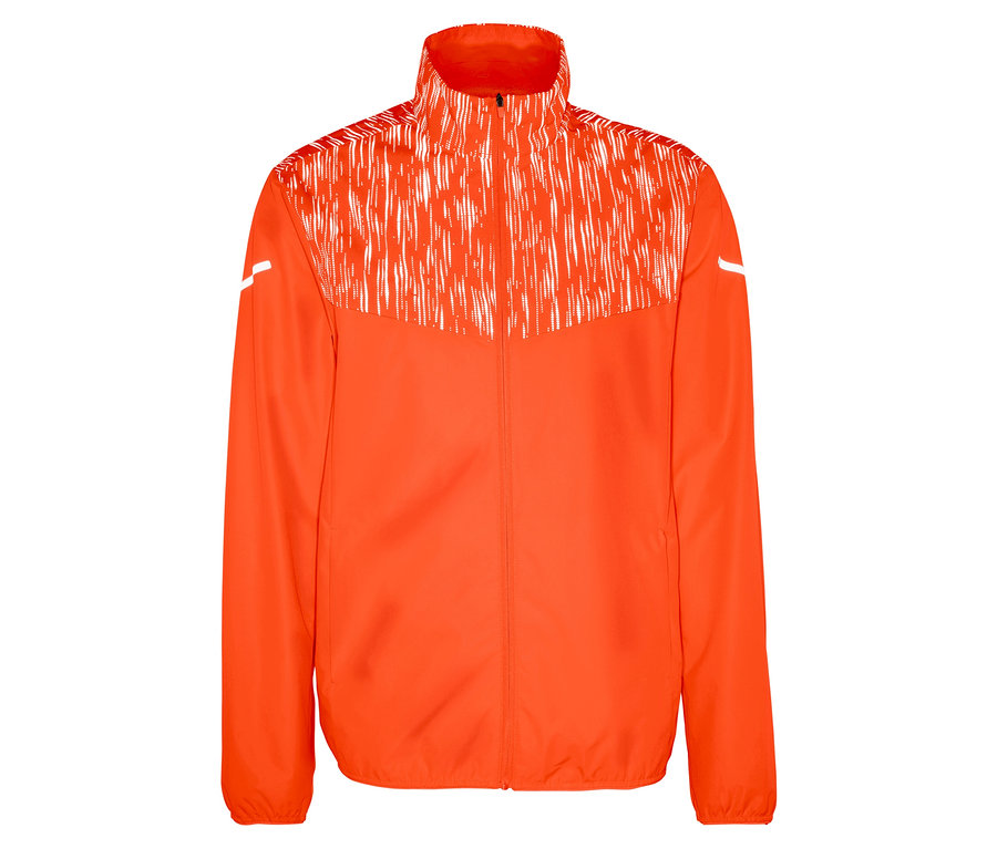 Veste orange zippée avec motif blanc sur le haut.