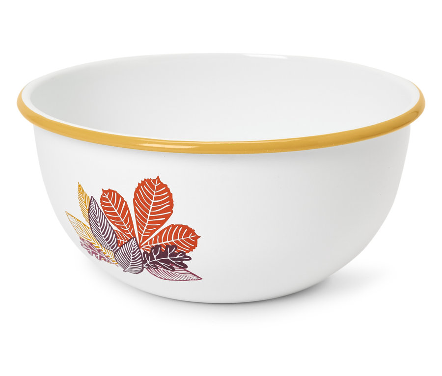 Bol blanc avec motif de feuilles d'automne et bord jaune.