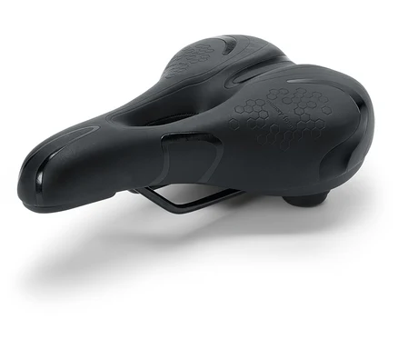 Selle de vélo noire avec mousse à mémoire de forme sur fond blanc.