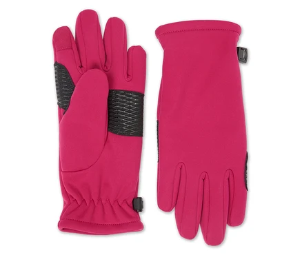 Deux gants roses avec des détails noirs sont posés côte à côte.