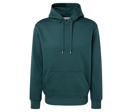 Un sweat à capuche vert foncé avec une poche kangourou.
