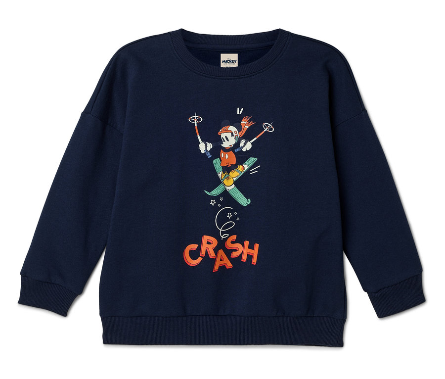 Pull bleu marine avec un imprimé de Mickey Mouse faisant du ski et le mot « Crash ».