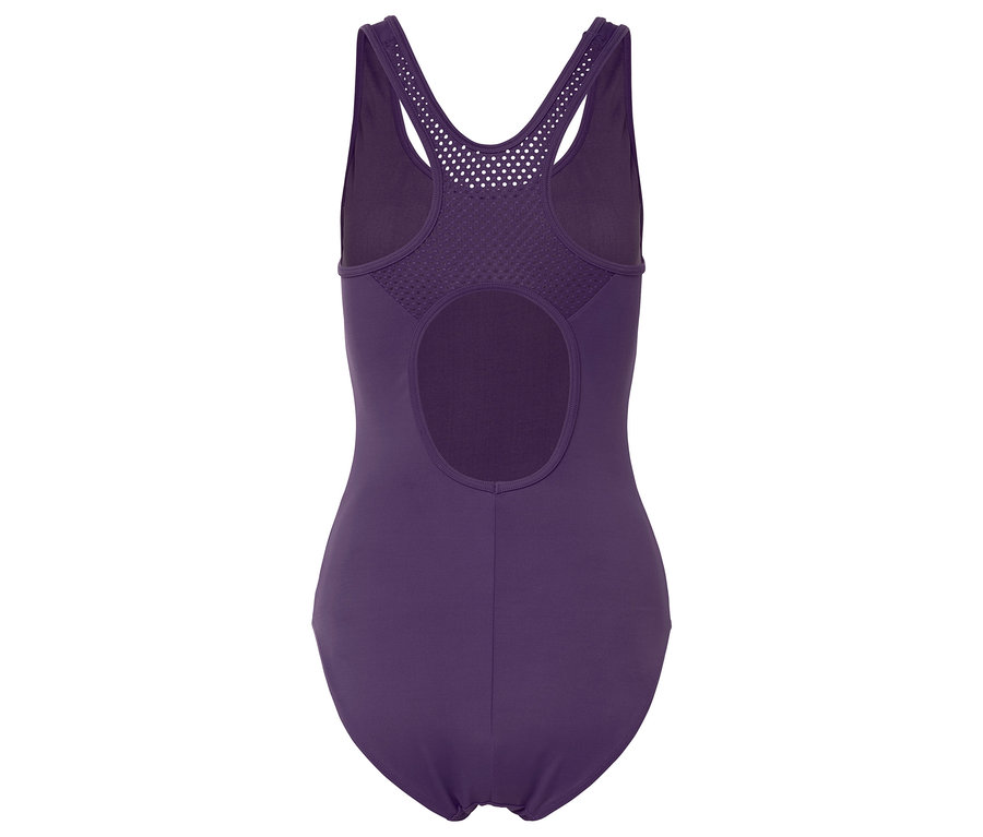 Maillot de bain violet une pièce avec dos découpé et détails en maille.