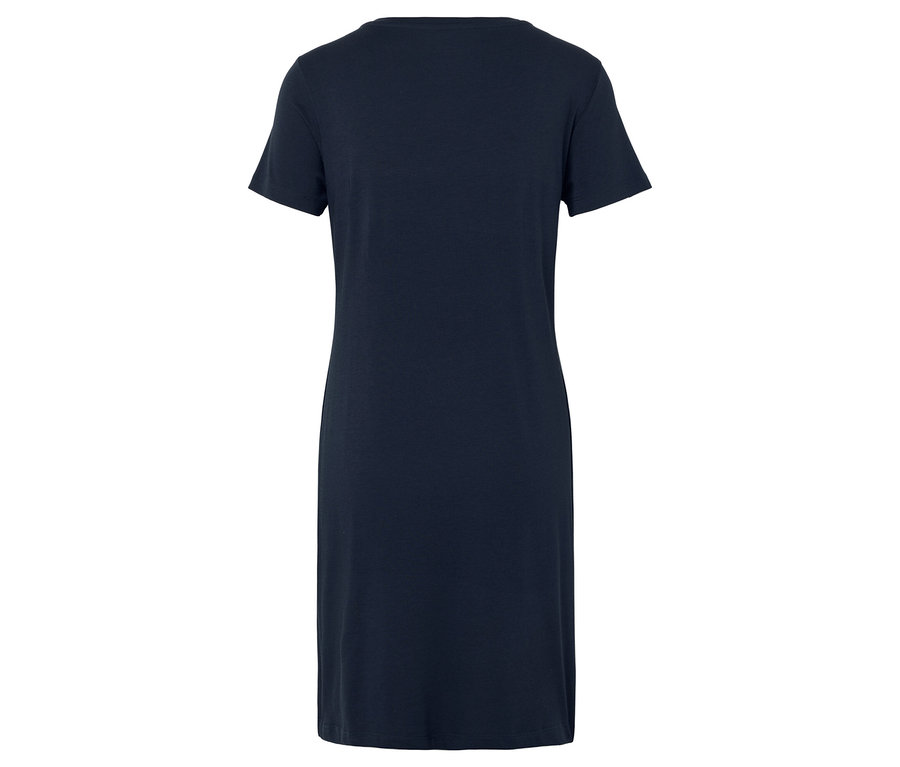 Vue arrière d'une robe t-shirt bleu marine arrivant au genou.
