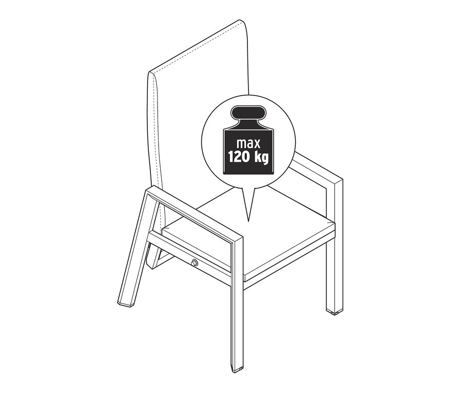 Schéma d'un fauteuil à haut dossier avec une capacité de charge maximale de 120 kg.