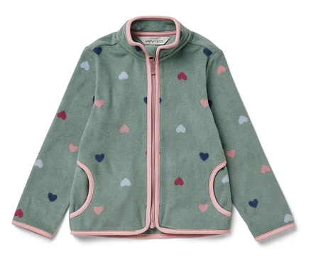 Veste en polaire verte avec fermeture éclair et motif de coeurs.