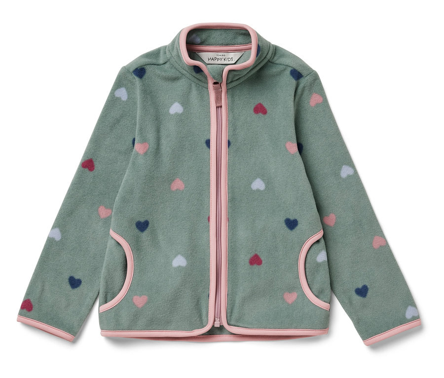 Veste en polaire verte avec fermeture éclair et motif de coeurs.