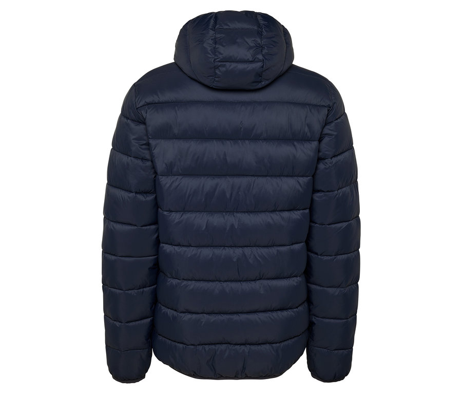 Vue arrière d'une doudoune bleu foncé avec capuche.