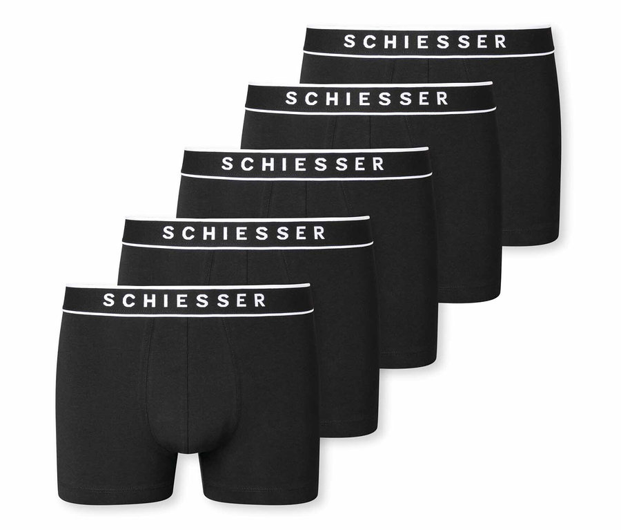 Cinq shorts SCHIESSER noirs avec une ceinture blanche portant le nom de la marque.
