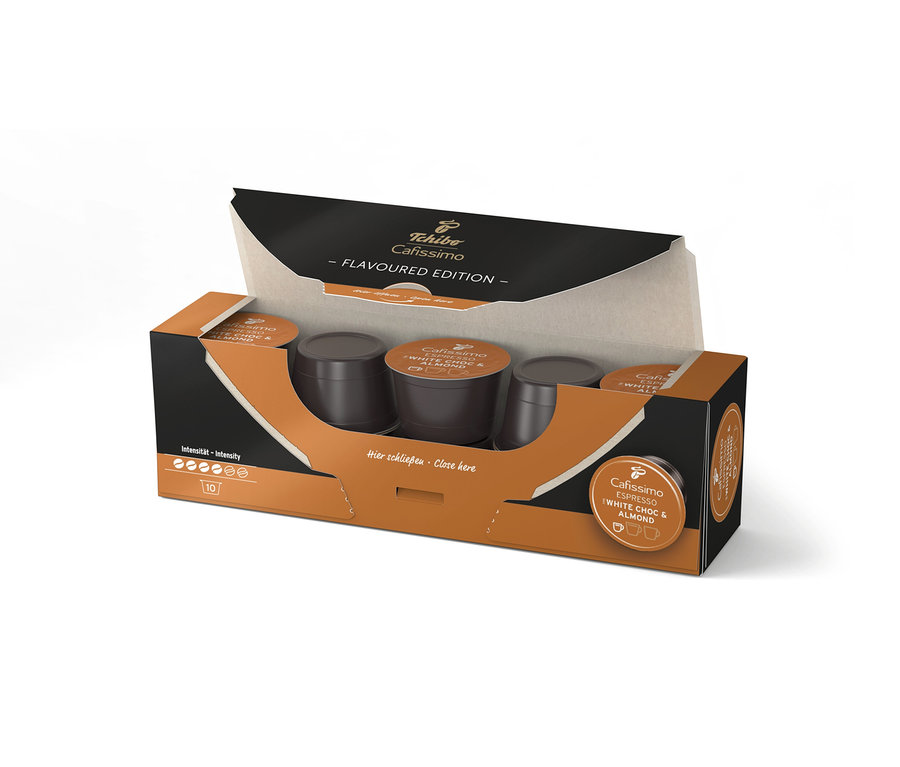 Paquet ouvert de capsules Cafissimo Flavoured Espresso - White Choc & Almond.